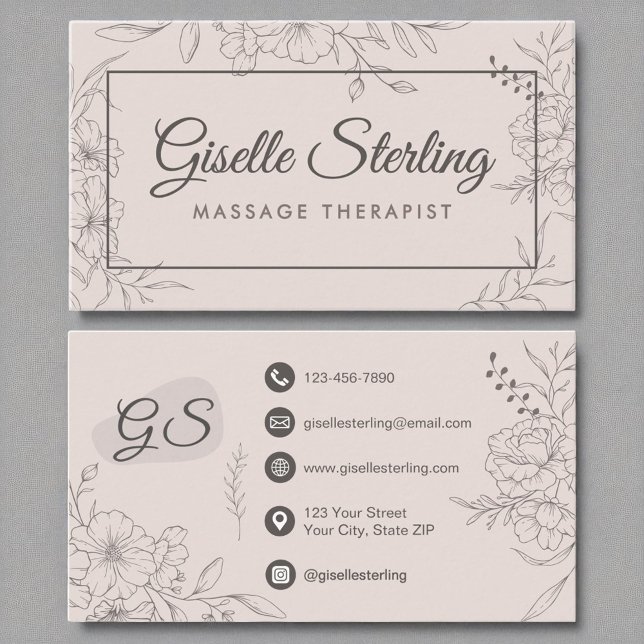 Massage Therapist Blush Pink Floral Line Art Business Card (Creator Uploaded)