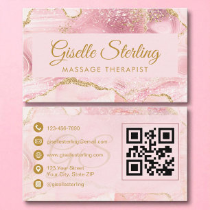 Massage Therapist Blush Pink Gold Agate QR Code Business Card
