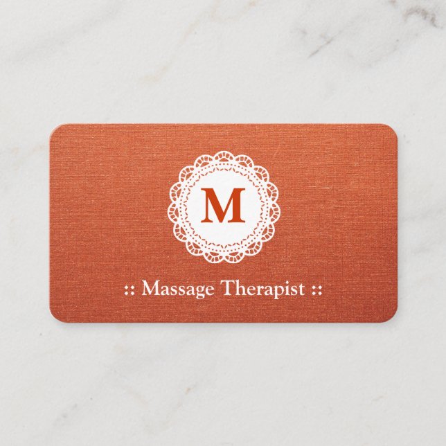 Massage Therapist Elegant Lace Monogram Business Card (Front)