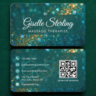Massage Therapist Green Gold QR Code Business Card