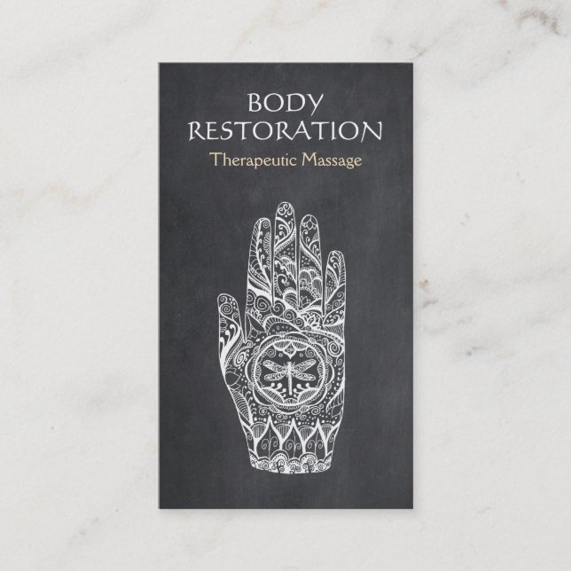 Massage Therapist Logo Henna Dragonfly Tattoo Hand Business Card (Front)