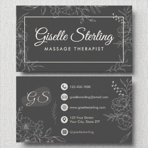 Massage Therapist Moody Charcoal Gray Floral Business Card
