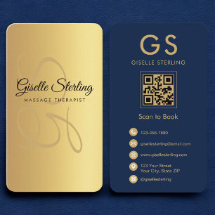 Massage Therapist Navy Blue Gold QR Code Monogram  Business Card