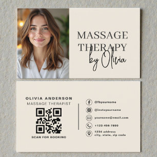Massage Therapist Neutral Beige Photo QR Code Business Card