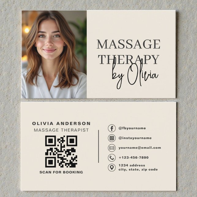 Massage Therapist Neutral Beige Photo QR Code Business Card (Creator Uploaded)