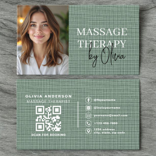 Massage Therapist Photo Linen Sage Green  Business Card