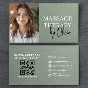 Massage Therapist Photo Metallic Sage Green  Business Card