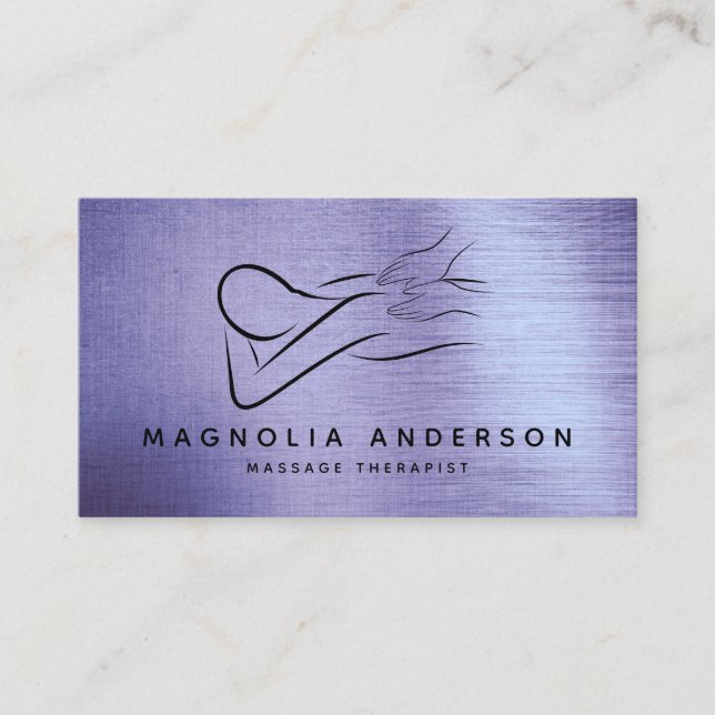 Massage Therapist Purple Foil Brushed Metal Business Card (Front)