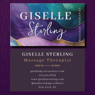 Massage Therapist Purple Gold Modern Watercolor  Business Card