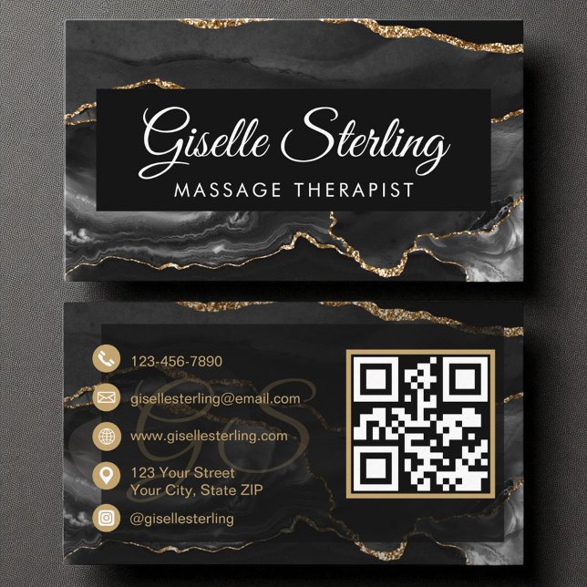 Massage Therapist QR Code Black Gold Agate Business Card (Creator Uploaded)