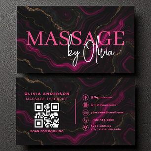 Massage Therapist QR Code Hot Pink Agate Marble Business Card