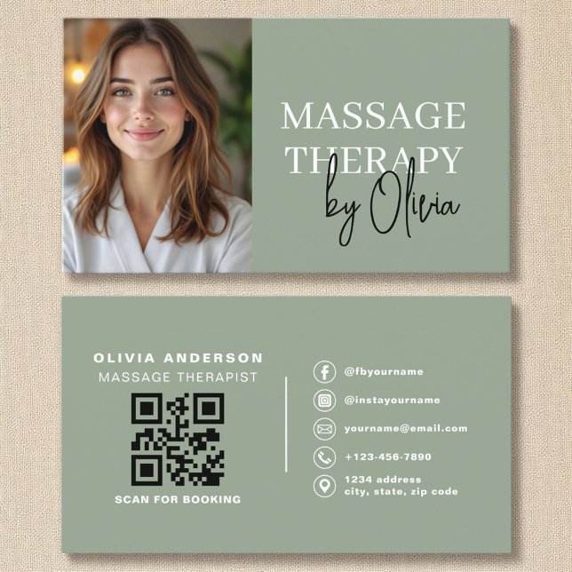 Massage Therapist QR Code Sage Green Photo Business Card (Creator Uploaded)