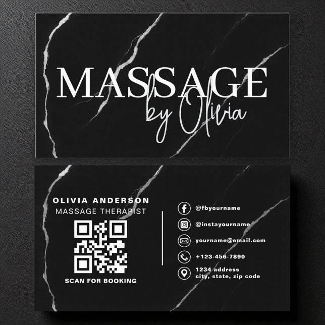 Massage Therapist QR Code Silver Black Marble Business Card (Creator Uploaded)