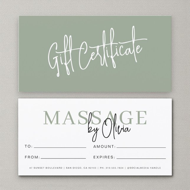 Massage Therapist Sage Green Gift Certificates (Creator Uploaded)