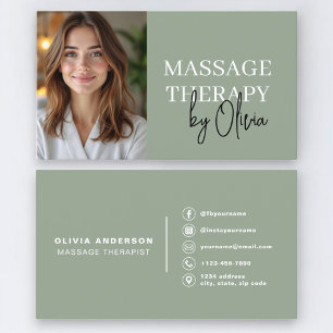 Massage Therapist Sage Green Photo Business Card