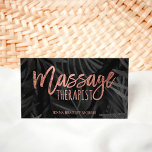 Massage therapist script rose gold palm leaf business card<br><div class="desc">Modern massage therapist script calligraphy rose gold foil on solid black watercolor tropical palm tree leaf</div>
