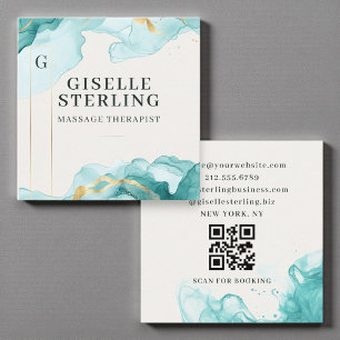 Massage Therapist Teal Blue Watercolor QR Code Square Business Card