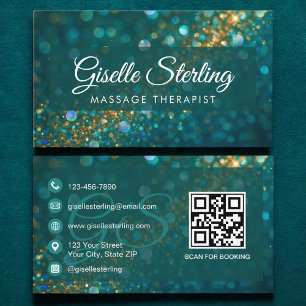 Massage Therapist Teal Gold Glitter Opal QR Code Business Card