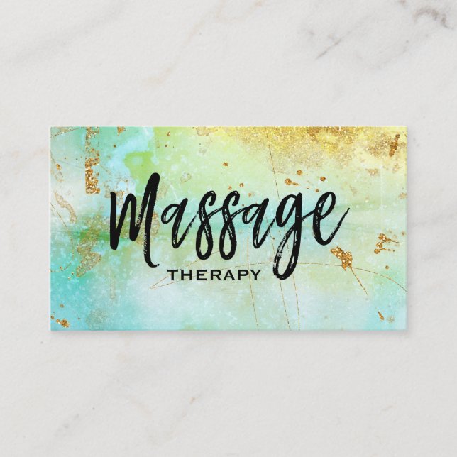 *~* Massage Therapist Trendy Grunge Gold Turquoise Business Card (Front)