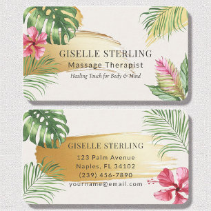 Massage Therapist Tropical Gold Brushed Watercolor Business Card