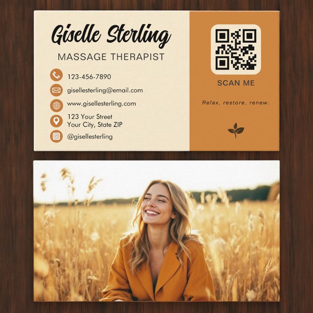 Massage Therapist Yellow Orange QR Code Photo Business Card (Creator Uploaded)