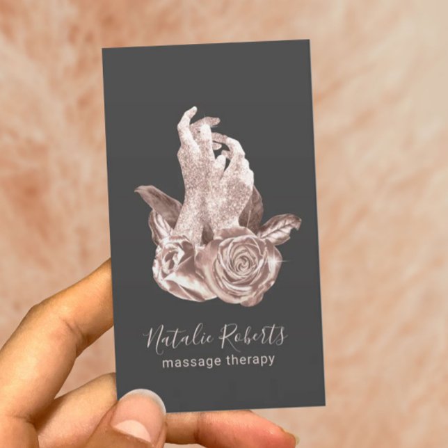 Massage Therapy Elegant Rose Gold Hands & Flowers  Business Card (Creator Uploaded)