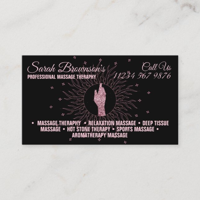 Massage Therapy Glitter Script Healing Hands  Business Card (Front)