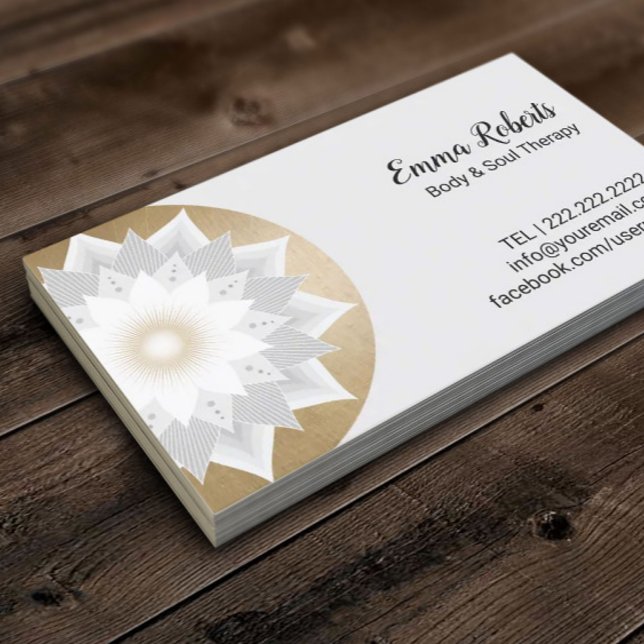 Massage Therapy Gold Lotus Flower Logo Elegant Business Card (Creator Uploaded)