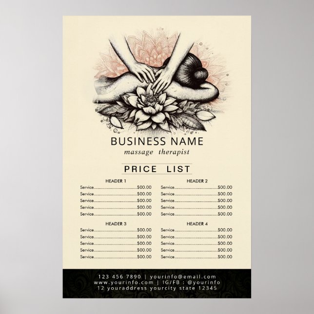 Massage Therapy Healing Hand Energy Spa Price List Poster (Front)