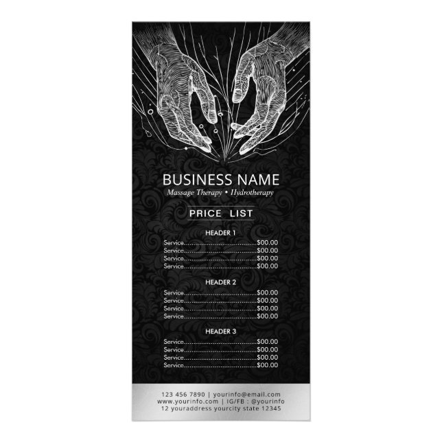 Massage Therapy Healing Hand Energy Spa Price List Rack Card (Front)