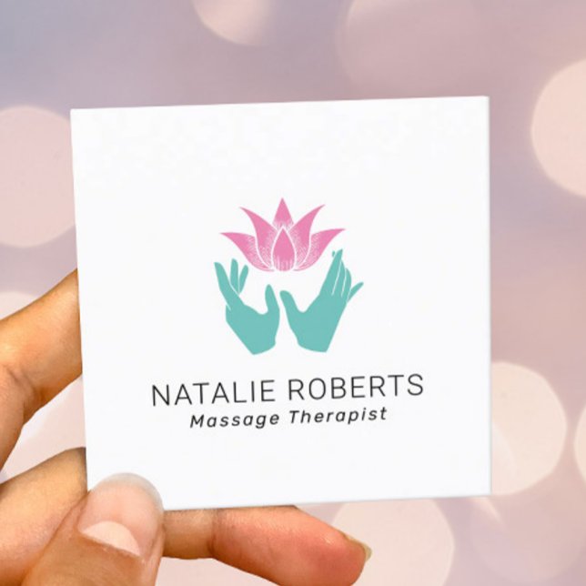 Massage Therapy Healing Hands & Pink Lotus Flower Square Business Card (Creator Uploaded)