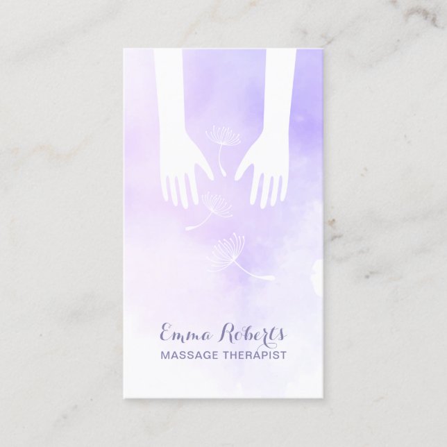 Massage Therapy Healing Hands Purple Watercolor Business Card (Front)