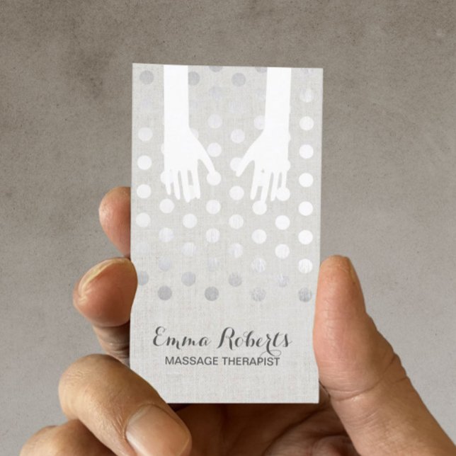 Massage Therapy Healing Hands Silver Dots Linen Business Card (Creator Uploaded)