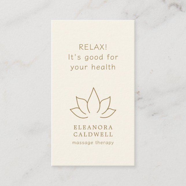Massage Therapy Lotus Logo Gold on Cream Business Card (Front)