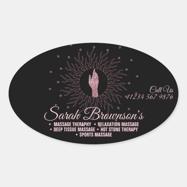 Massage Therapy Pink Black Script Healing Hands  Oval Sticker (Front)