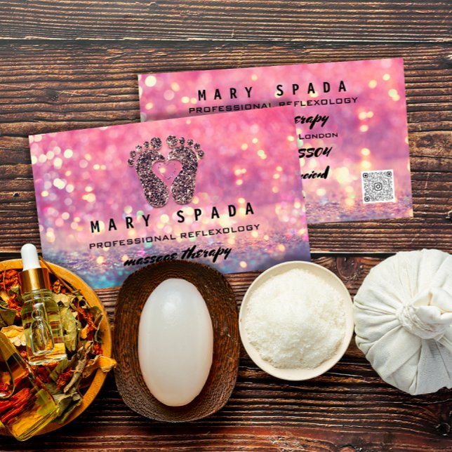 Massage Therapy Reflexology Feet Rose Pink QRCode  Business Card (Massage Therapy Reflexology Feet Rose Pink QRCode Business Card)