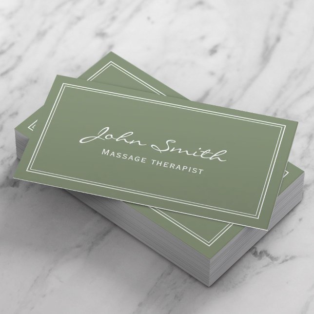 Massage Therapy Simple Framed Elegant Sage Green Business Card (Creator Uploaded)