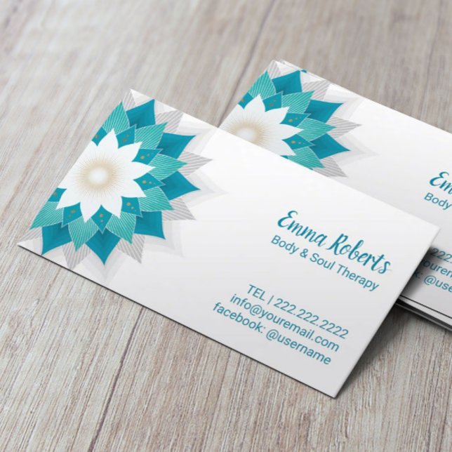 Massage Therapy Teal Lotus Flower Yoga Spa Salon Business Card (Creator Uploaded)