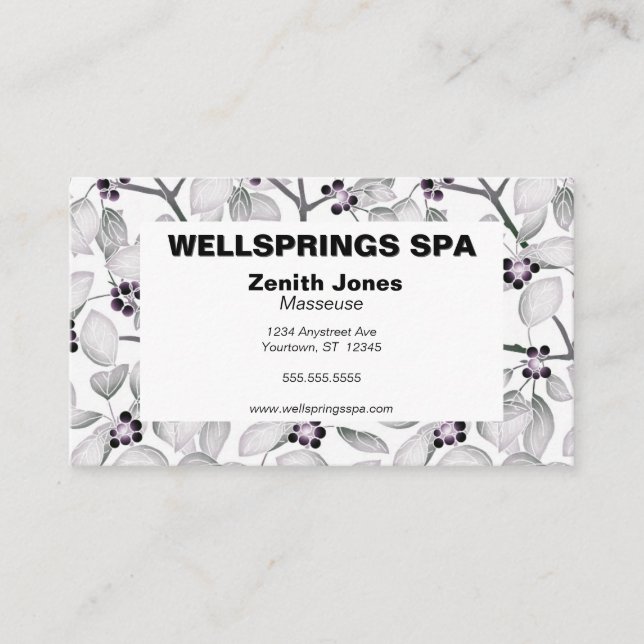 Masseuse Spa Monochrome Twigs and Berries Business Card (Front)