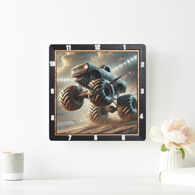 Massive Monster Truck Racing Through Mud Square Wall Clock (Home)