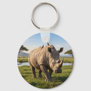 Massive Rhino Roaming Open Savanna Plains Photo En Key Ring
