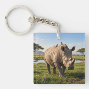 Massive Rhino Roaming Open Savanna Plains Photo En Key Ring