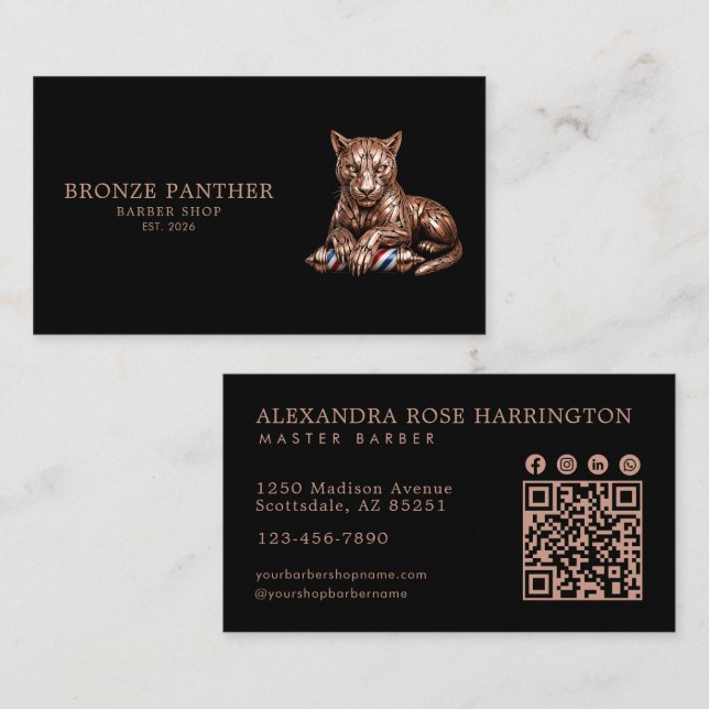 Master Barber Shop Rose Gold Panther Qr Code Business Card (Front/Back)