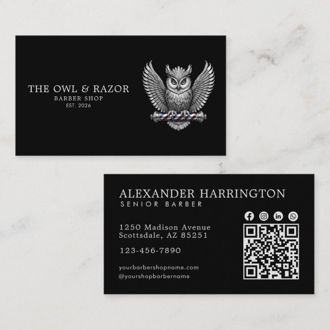 Master Barber Shop Silver Owl Professional Qr Code Business Card (Front/Back)