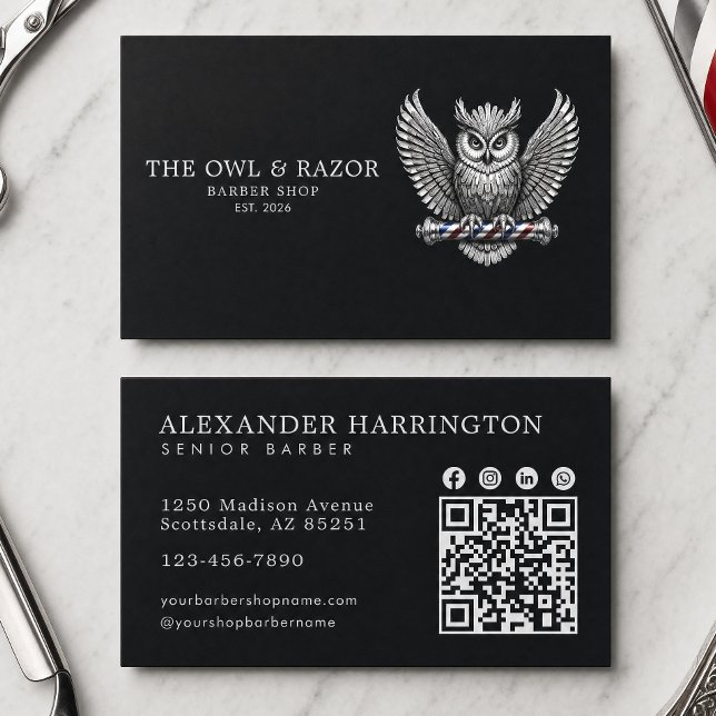 Master Barber Shop Silver Owl Professional Qr Code Business Card (Creator Uploaded)