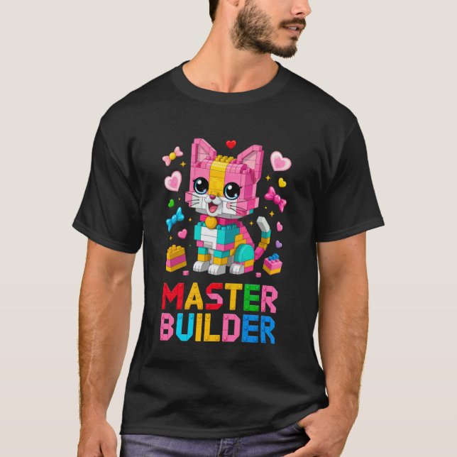 Master Builder Cat Lover Building Bricks Blocks Ki T-Shirt (Front)