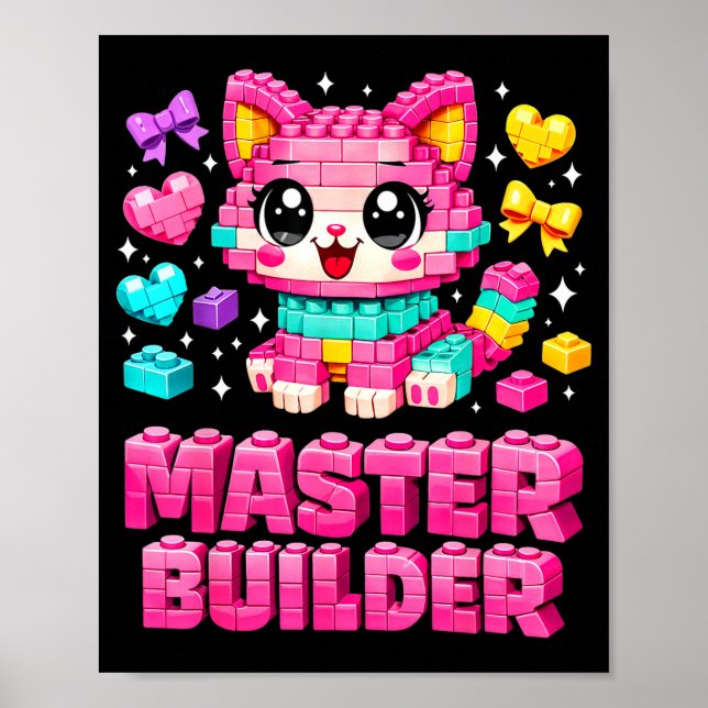 Master builder girls kids building bricks cat poster (Front)