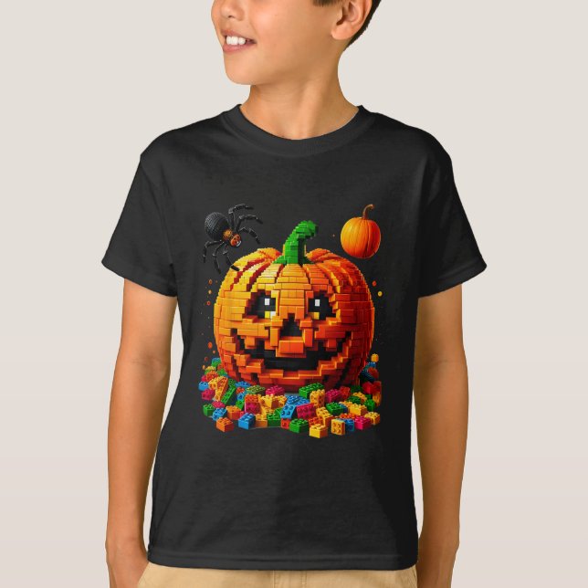 Master Builder Pumpkin Bricks Blocks Halloween Kid T-Shirt (Front)