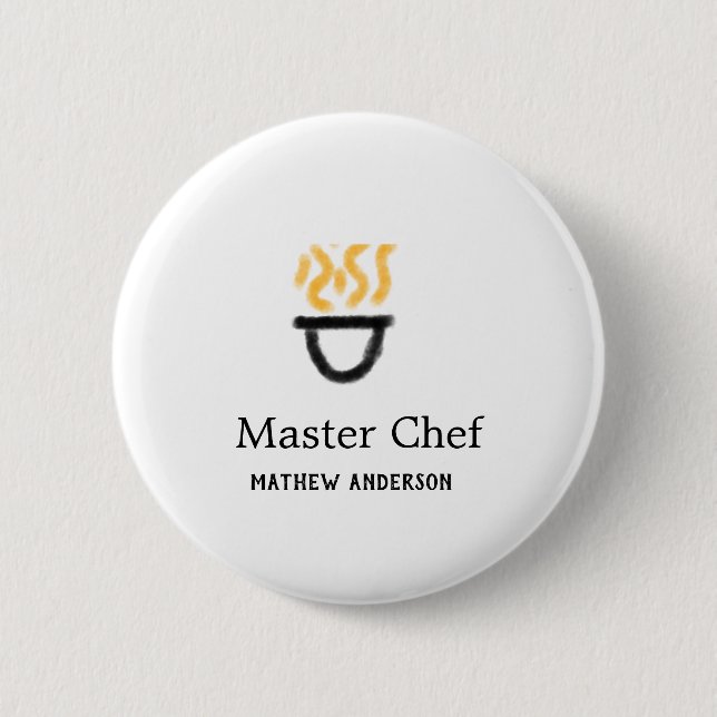 Master chef add name black pan yellow fire fume co 6 cm round badge (Front)