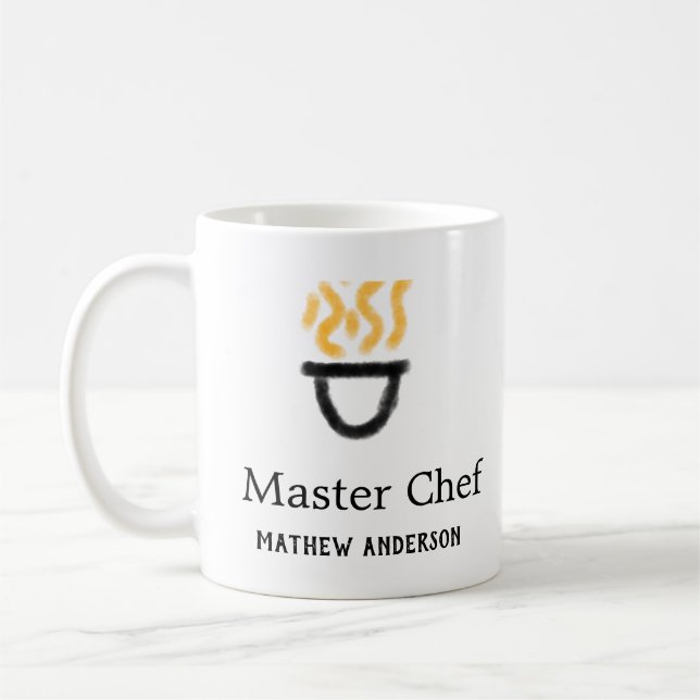 Master chef add name black pan yellow fire fume co coffee mug (Left)